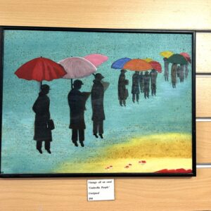 Vintage oil on card 'Umbrella People' signature unclear dated 1985